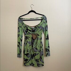 Tiger Mist Green Floral Mesh Mini Dress – Long Sleeve Cutout Bodycon, Size L